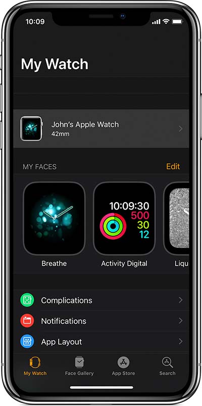 Chọn Apple Watch của bạn ở đầu màn hình thiết bị iPhone