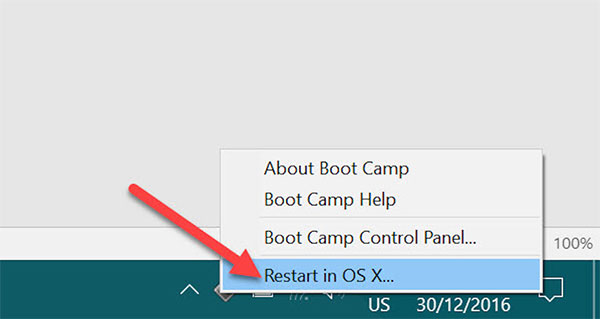 Nhấn chuột phải vào biểu tượng Boot Camp > Chọn "Restart in OS X".