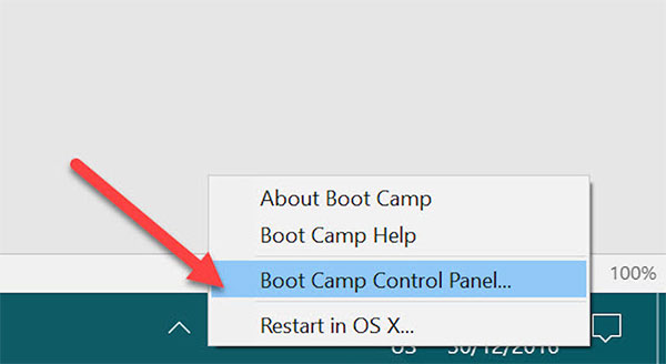 Chọn Boot Camp Control Panel để chọn hệ điều hành mỗi khi khởi động Macbook