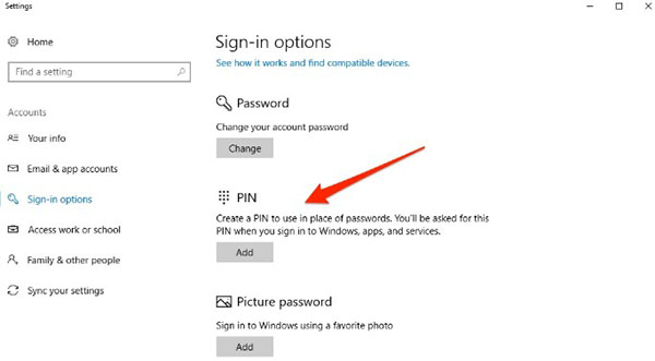 Trong mục tùy chọn Sign in nhấn vào nút thêm mã PIN