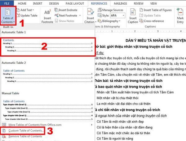 Nhấn chọn mục Tab References/Table of Contents