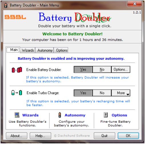 Phần mềm tiết kiệm pin laptop Battery Doubler